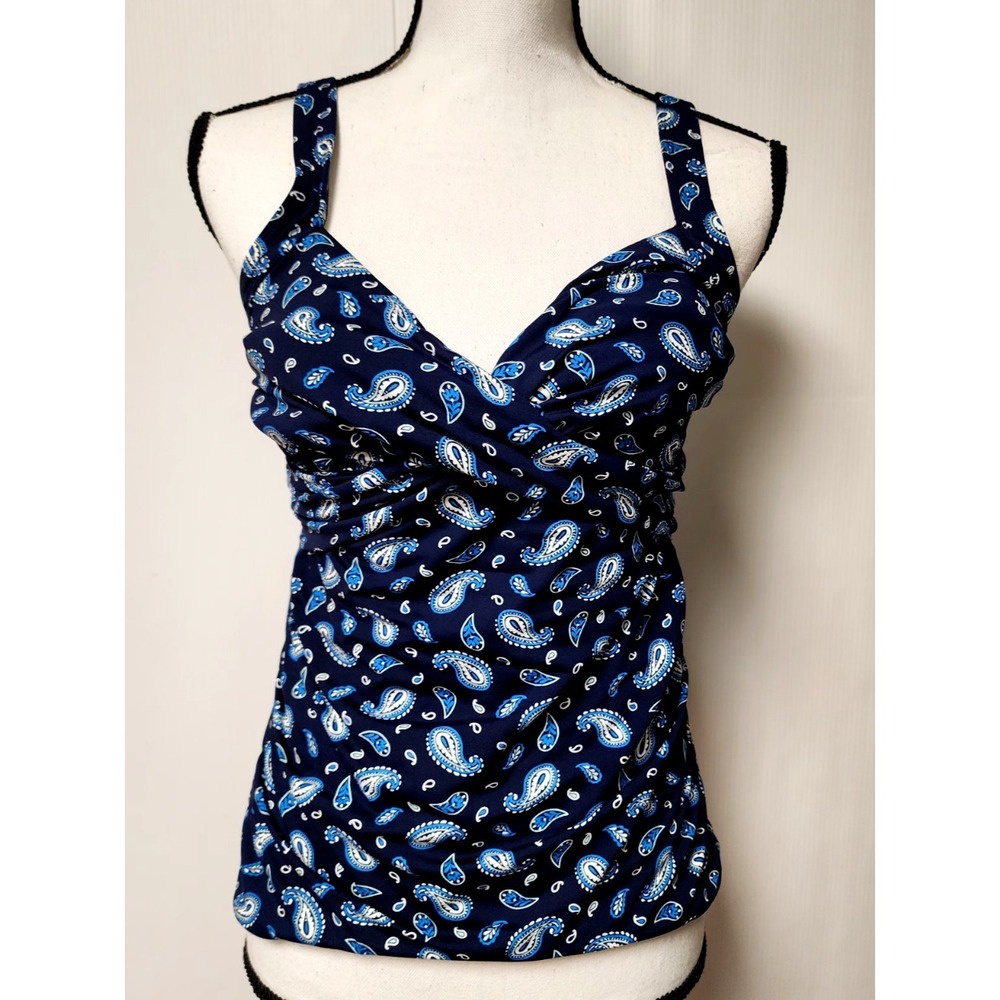 Lands' End Tankini Swim Top Size 6  Navy Blue Paisley Underwire Ruching on sides